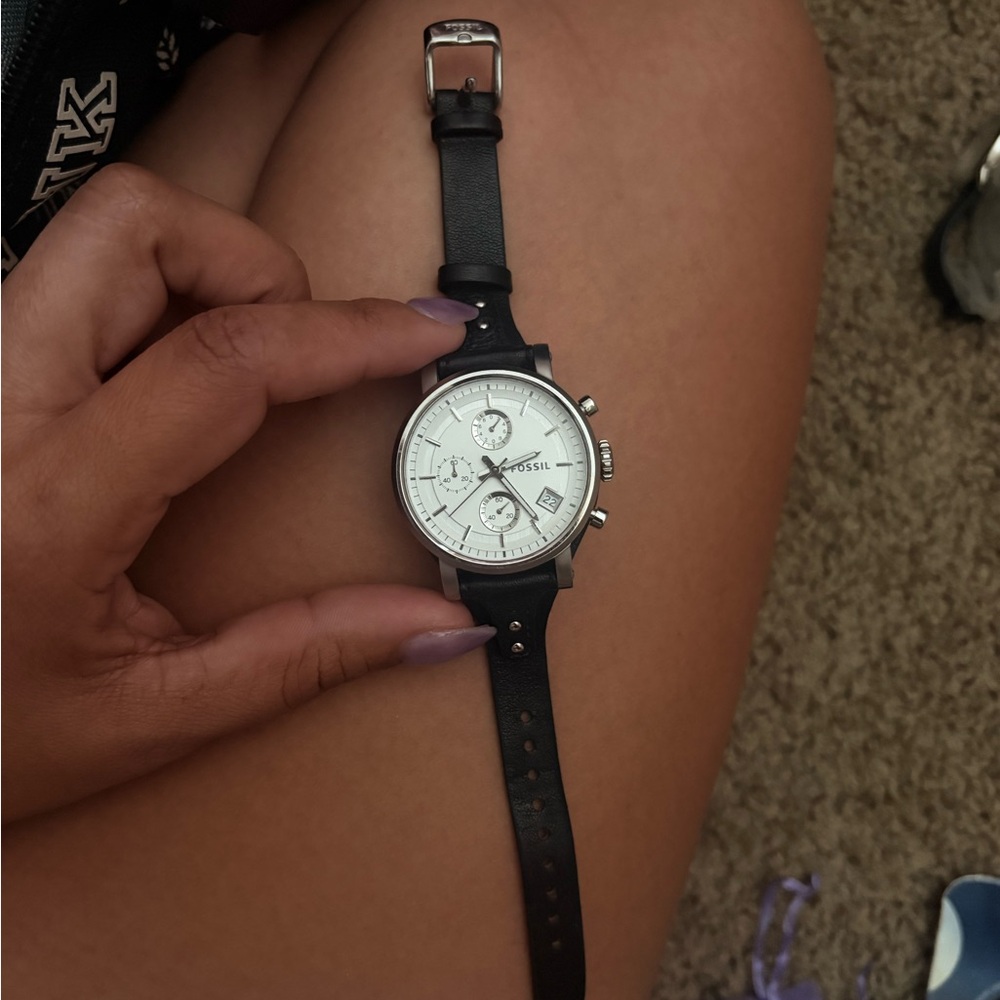 Fossil Silver Dial Black Strap Watch